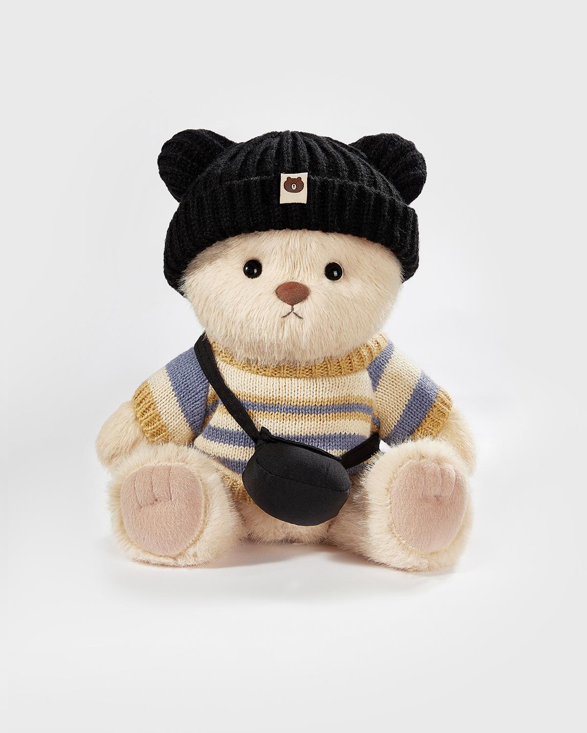 Milk Tea Long Hair Bear & Casual Black Hat Sweater Set - 12 Inches