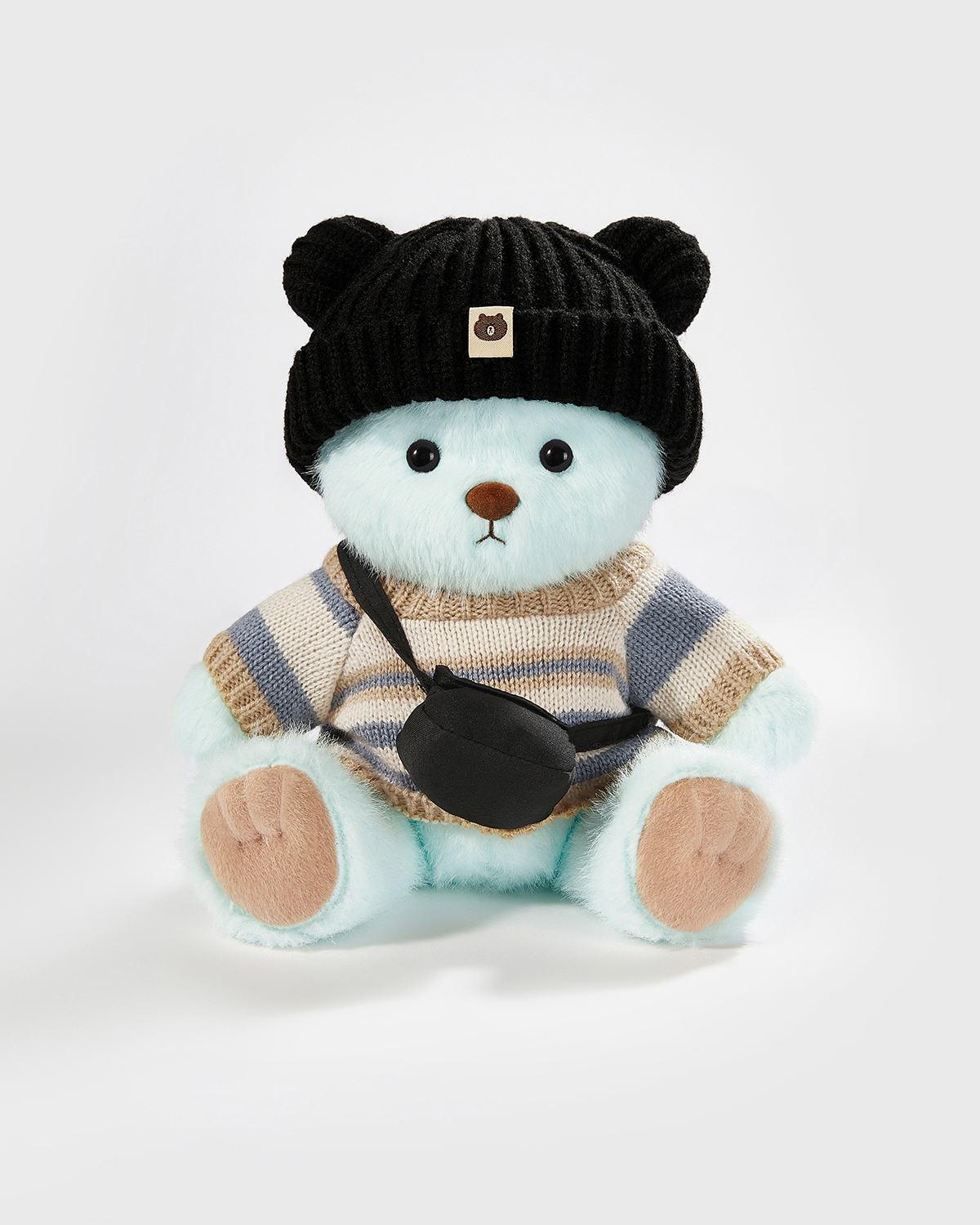 Mint Blue Long Hair Bear & Casual Black Hat Sweater Set - 12 Inches