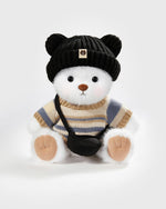 White Long Hair Bear & Casual Black Hat Sweater Set - 12 Inches