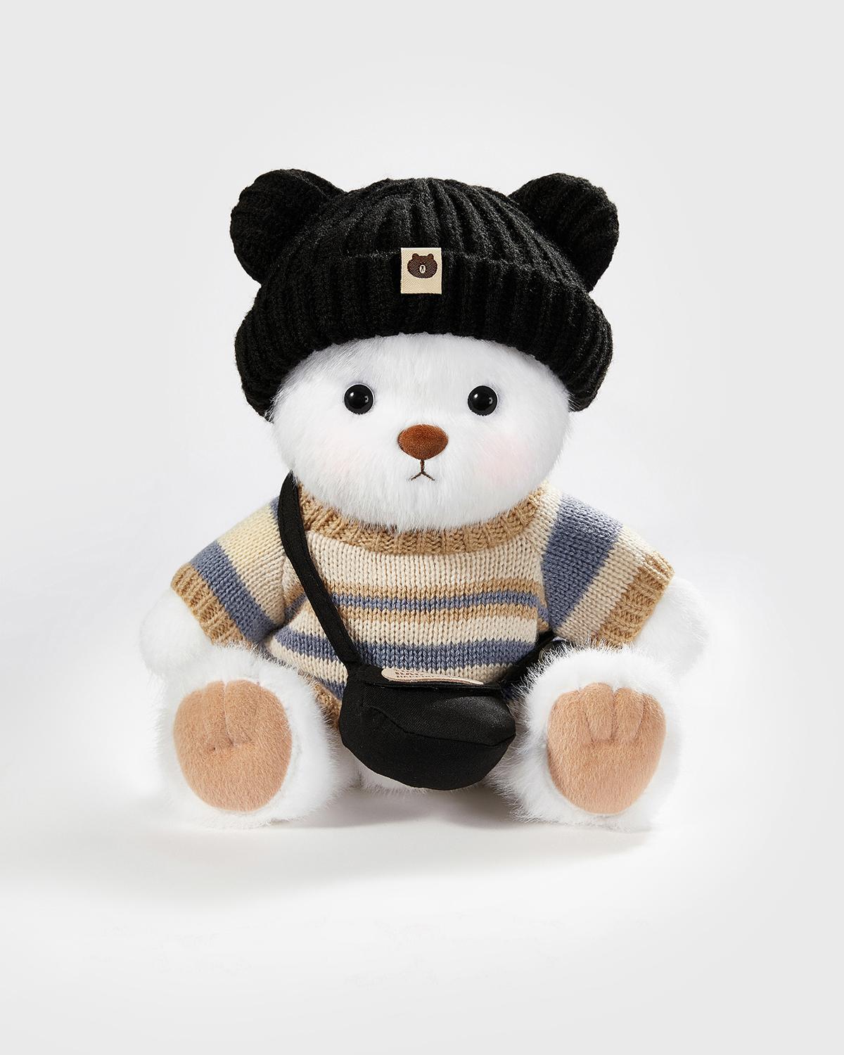 White Long Hair Bear & Casual Black Hat Sweater Set - 12 Inches