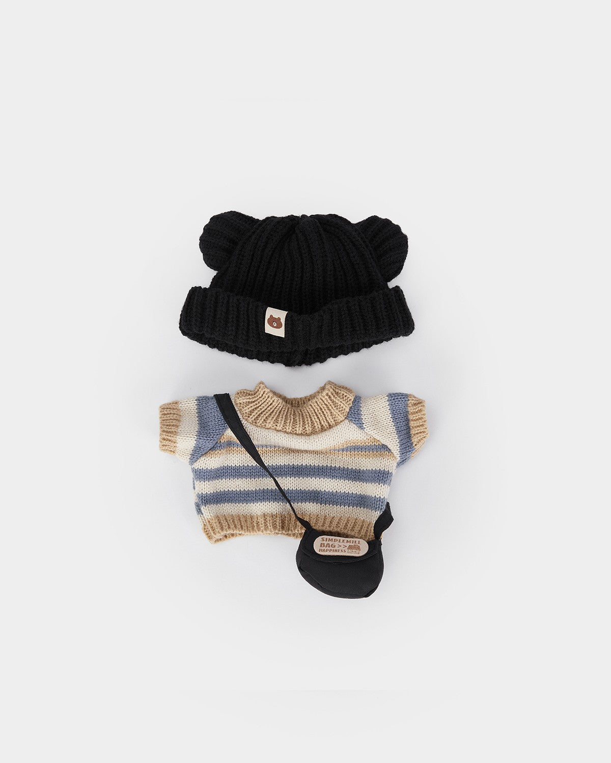 Mint Blue Long Hair Bear & Casual Black Hat Sweater Set - 12 Inches
