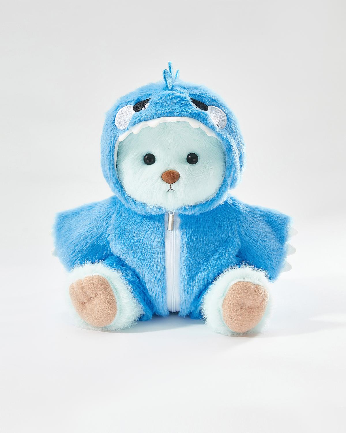 Mint Blue Long Hair Bear & Blue Dinosaur Jumpsuit - 12 Inches