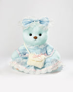 Mint Blue Long Hair Bear & Blue Jacquard Rose Dress - 12 Inches