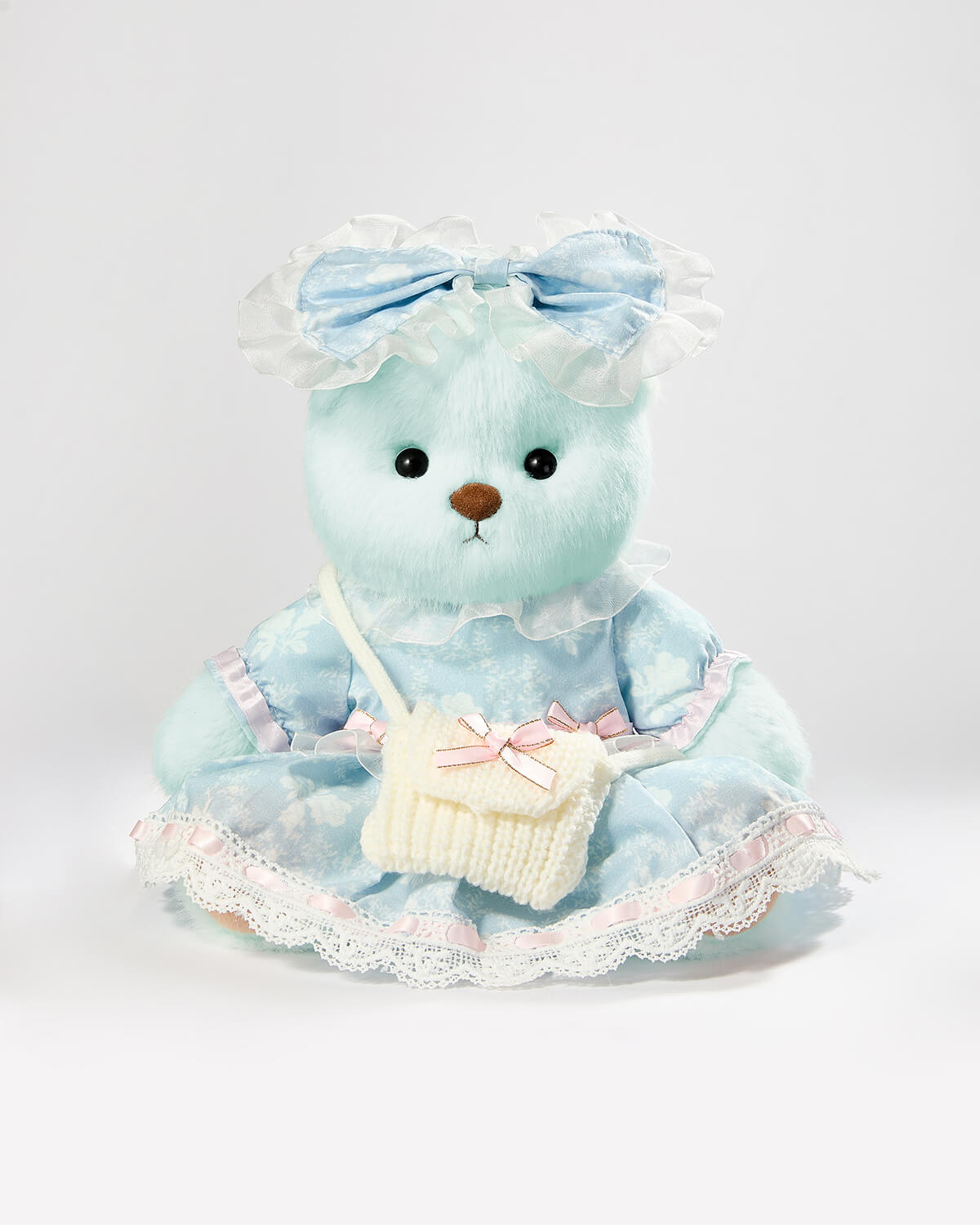 Mint Blue Long Hair Bear & Blue Jacquard Rose Dress - 12 Inches