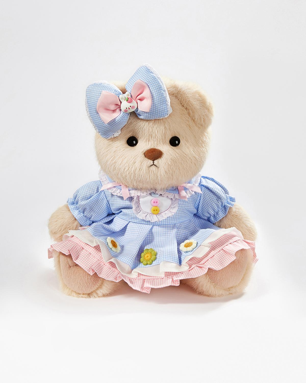 Milk Tea Long Hair Bear & Cute Blue Plaid Floral Dress - 12 Inches