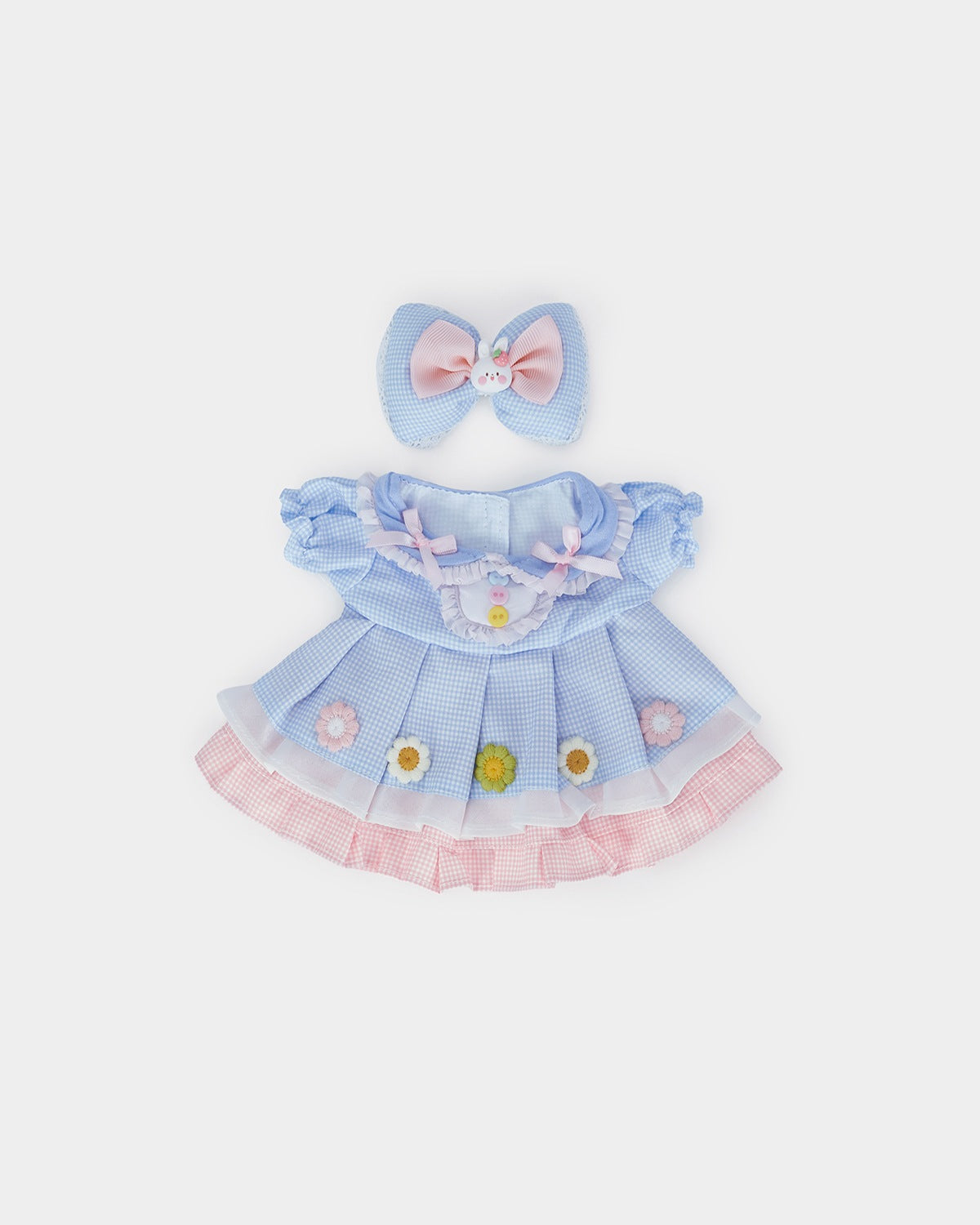 Mint Blue Long Hair Bear & Cute Blue Plaid Floral Dress - 12 Inches