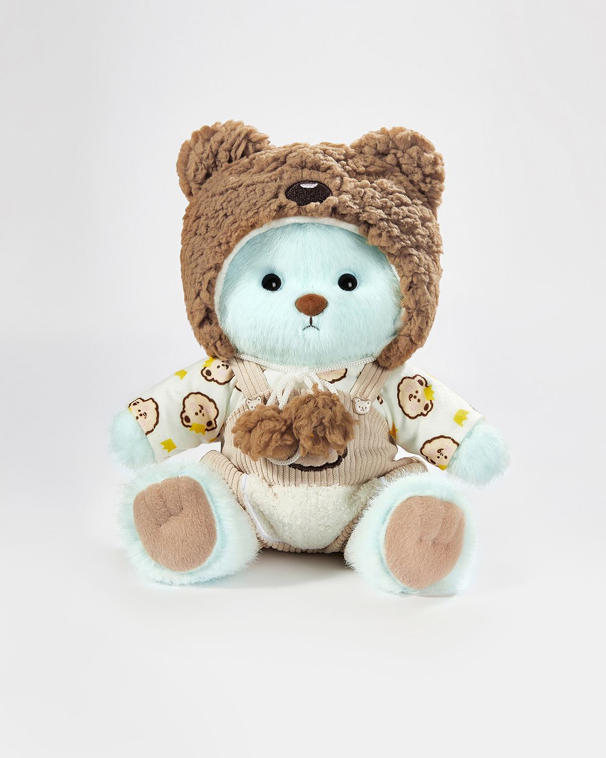 Mint Blue Long Hair Bear & Brown Bear Overalls Set - 12 Inches