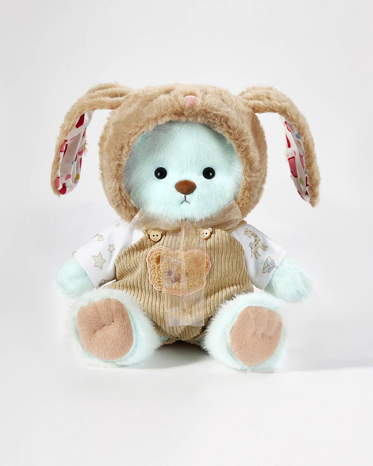 Mint Blue Long Hair Bear & Brown Long Eared Rabbit Overalls Set - 12 Inches