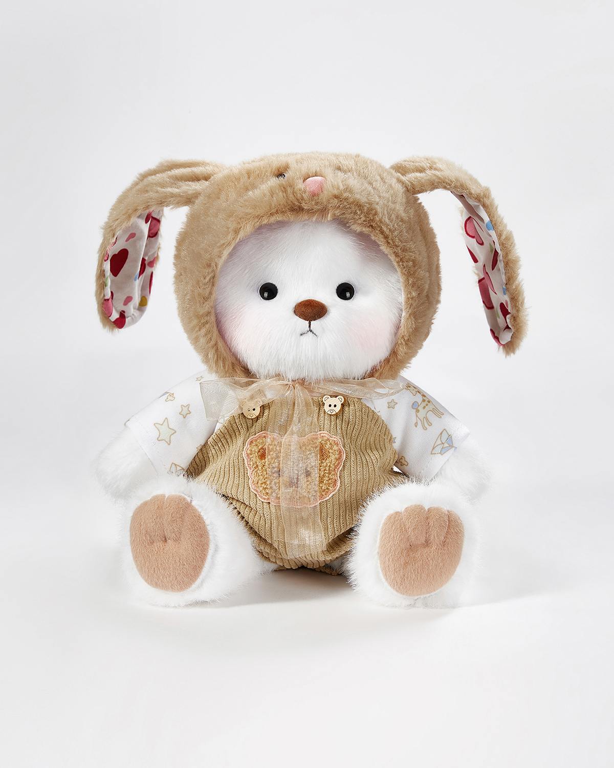 White Long Hair Bear & Brown Long Eared Rabbit Overalls Set - 12 Inches