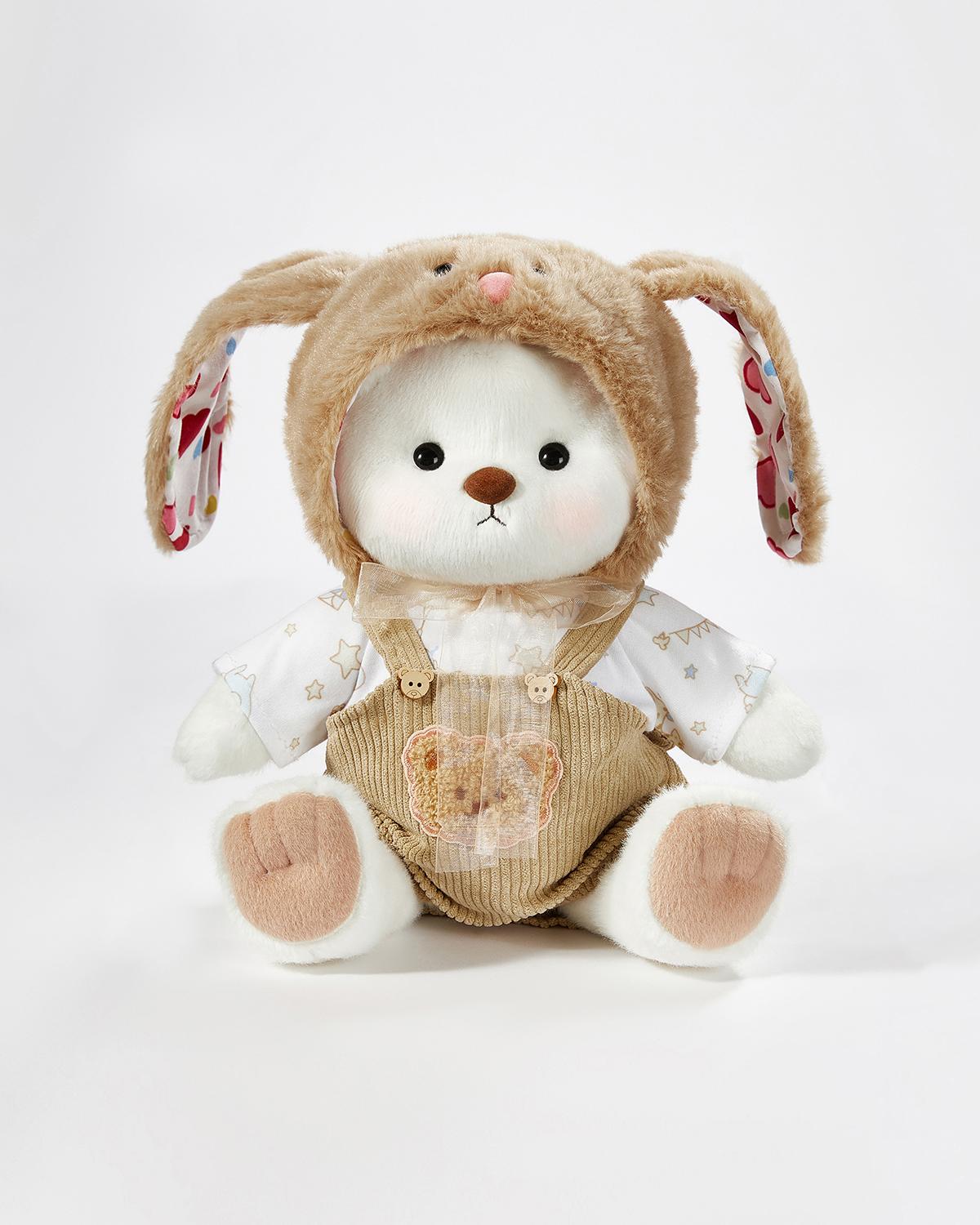 White Short Hair Bear & Brown Long Eared Rabbit Overalls Set - 12 Inches