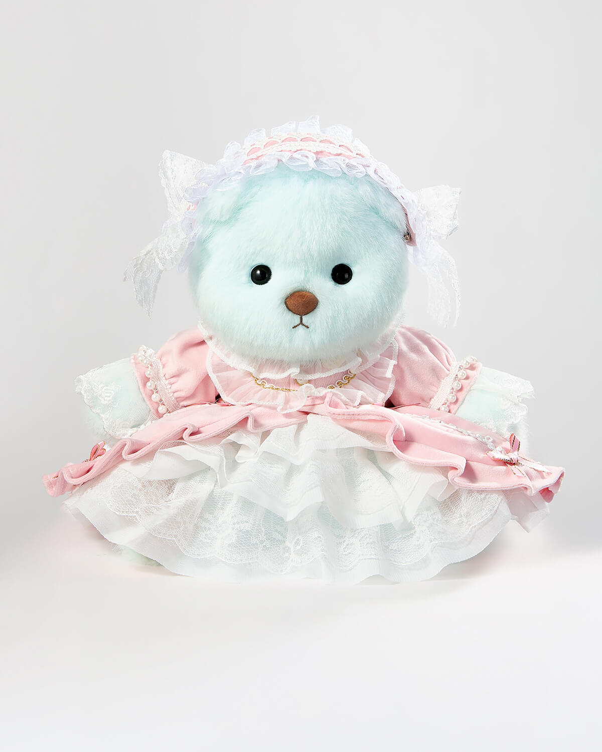 Mint Blue Long Hair Bear & Gorgeous Pink Lace Dress - 12 Inches