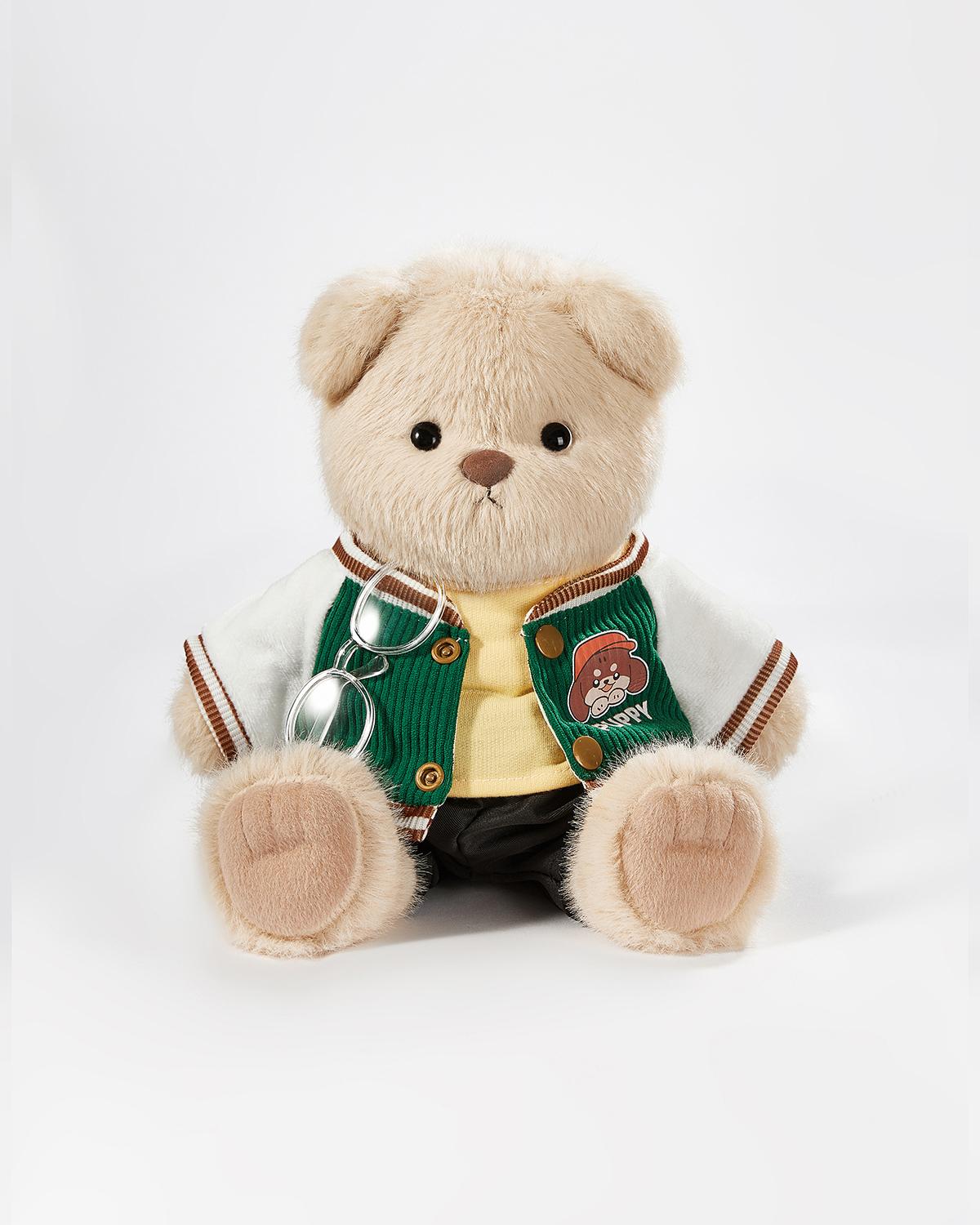Milk Tea Long Hair Bear & Green Baseball Jersey Set - 12 Inches