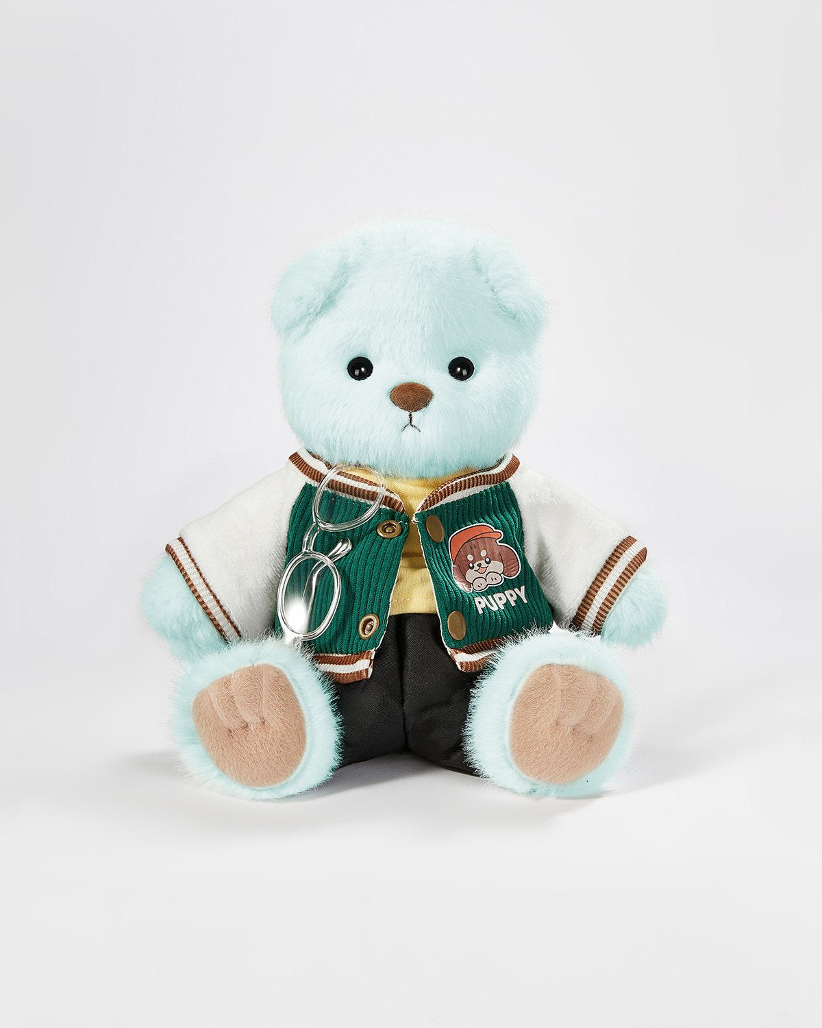Mint Blue Long Hair Bear & Green Baseball Jersey Set - 12 Inches