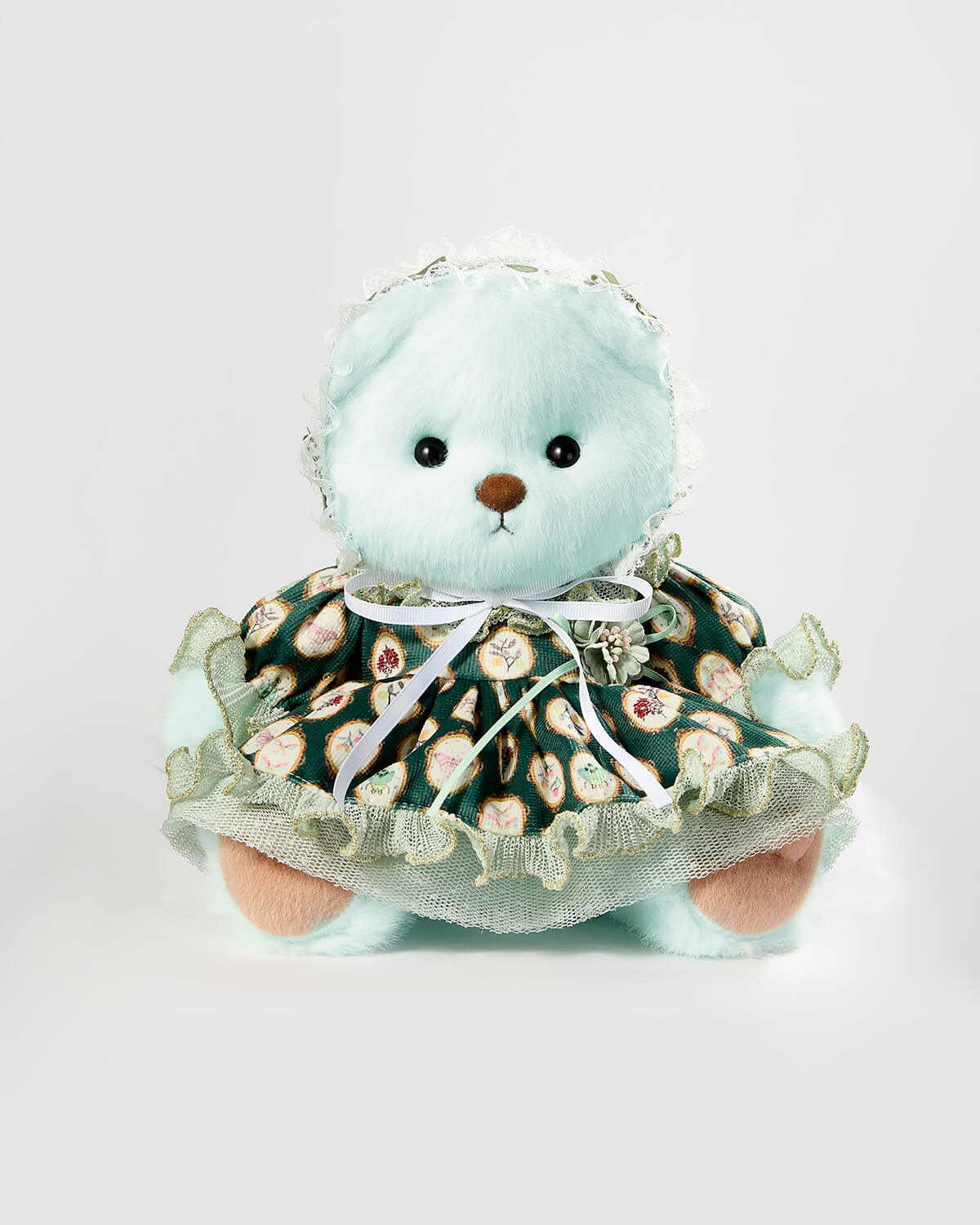 Mint Blue Long Hair Bear & Green Sissy Lace Dress - 12 Inches