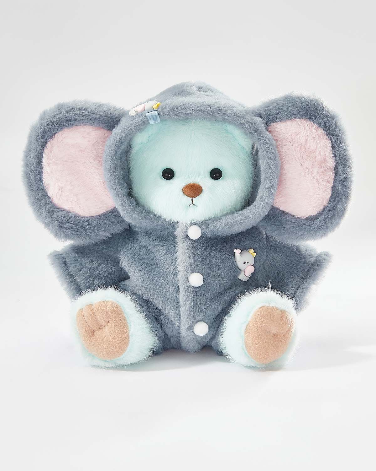 Mint Blue Long Hair Bear & Navy Elephant Jumpsuit - 12 Inches