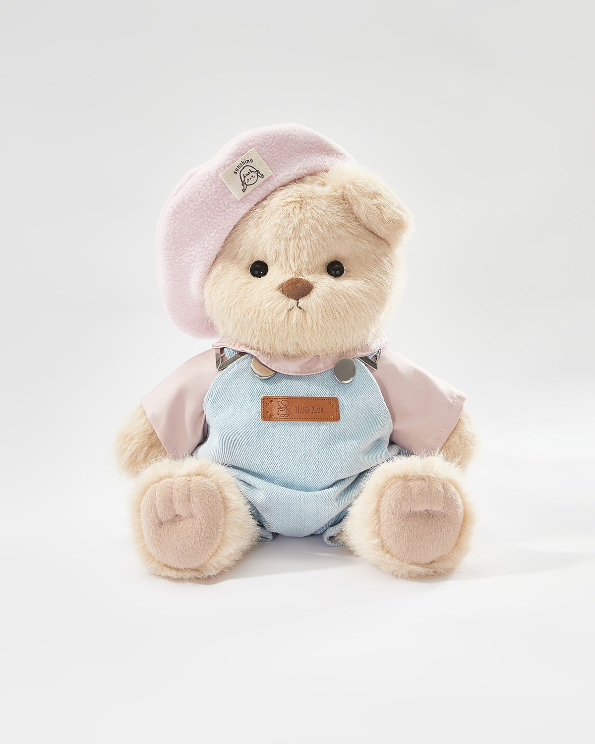 Milk Tea Long Hair Bear & Pink Beanie Denim Overalls Set - 12 Inches