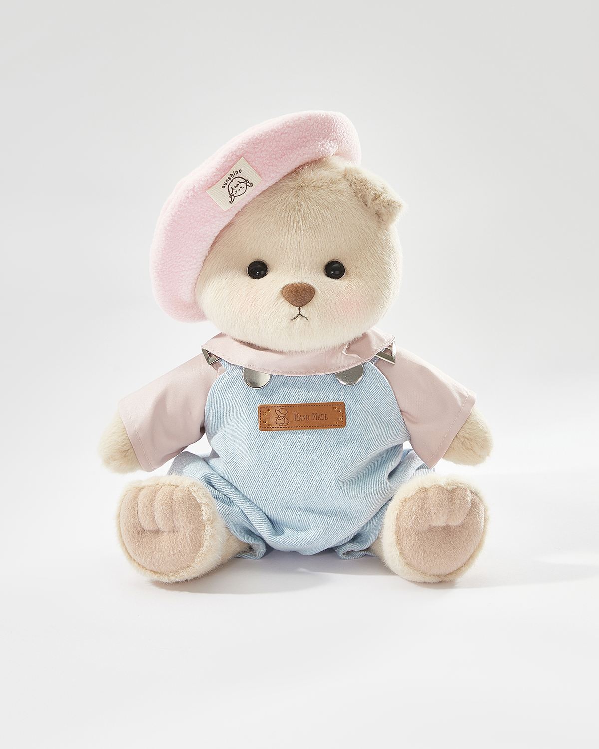 Milk Tea Short Hair Bear & Pink Beanie Denim Overalls Set - 12 Inches