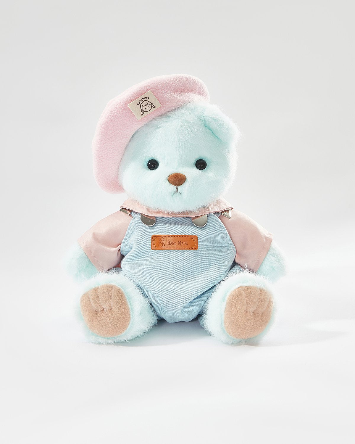 Mint Blue Long Hair Bear & Pink Beanie Denim Overalls Set - 12 Inches