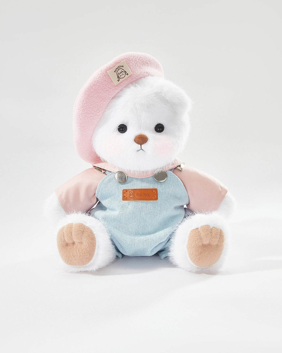 White Long Hair Bear & Pink Beanie Denim Overalls Set - 12 Inches