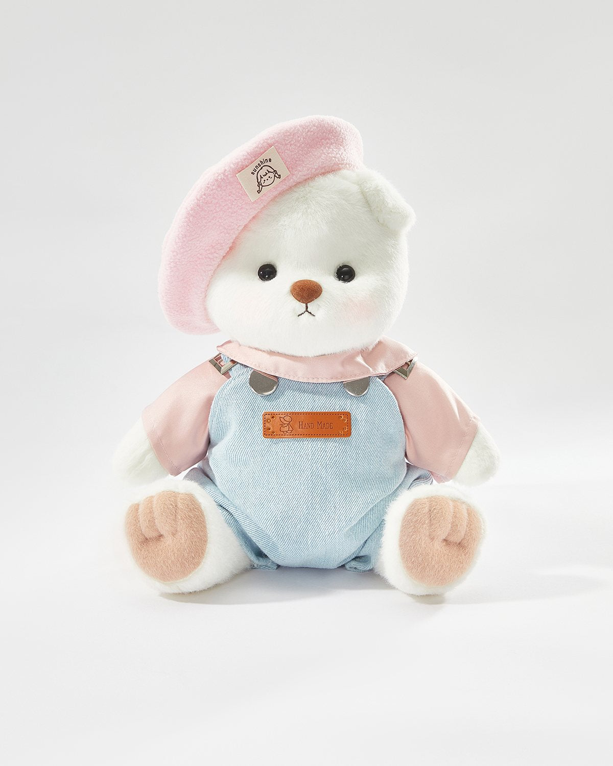 White Short Hair Bear & Pink Beanie Denim Overalls Set - 12 Inches