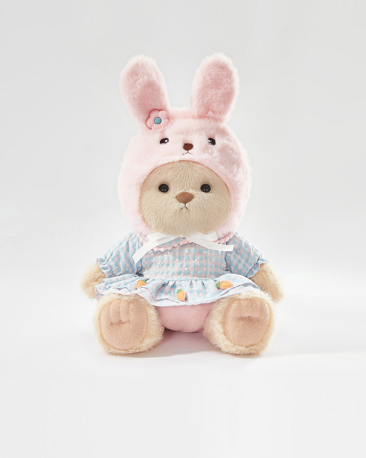 Milk Tea Long Hair Bear & Lovely Bunny Pink Dress Set - 12 Inches
