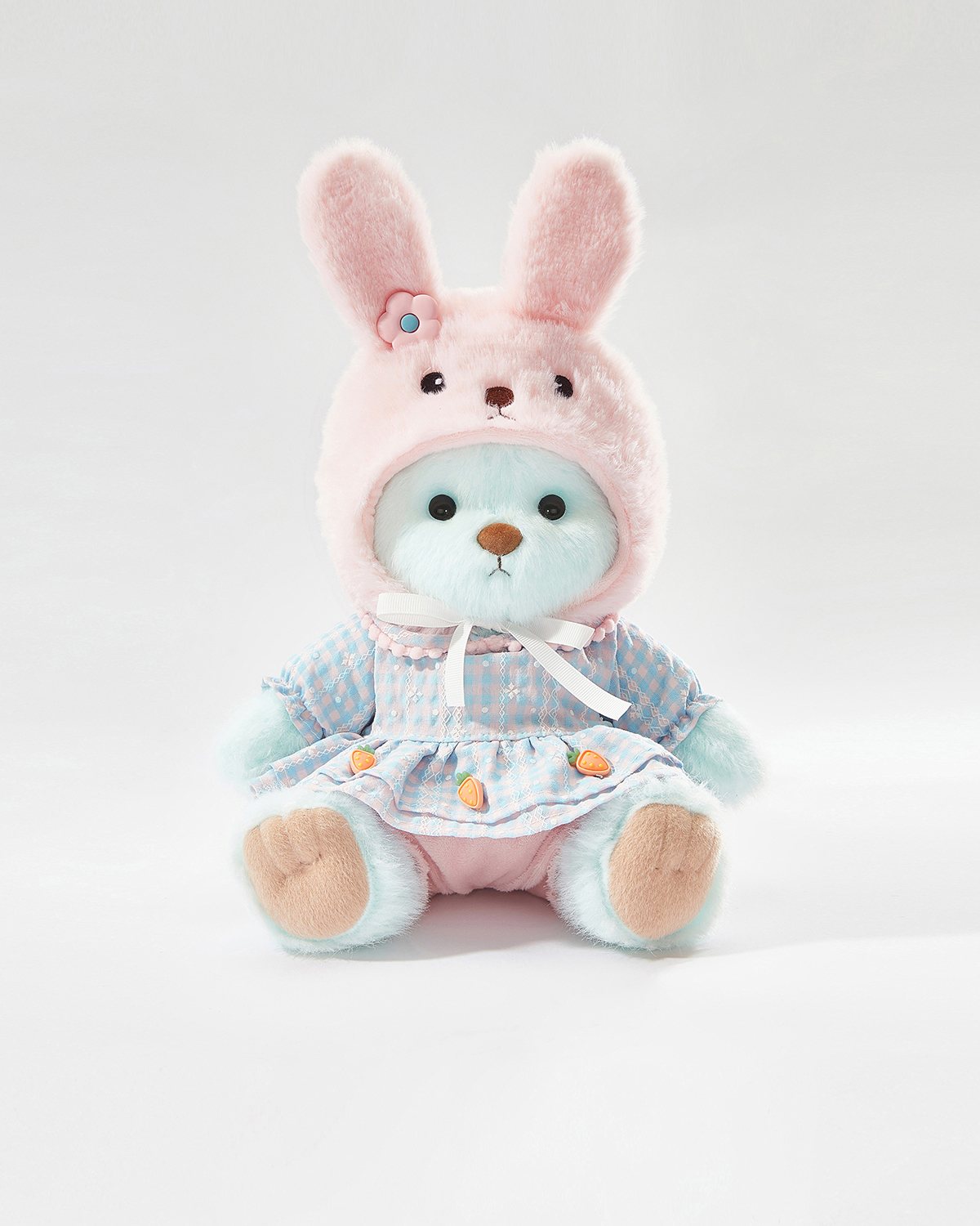 Mint Blue Long Hair Bear & Lovely Bunny Pink Dress Set - 12 Inches