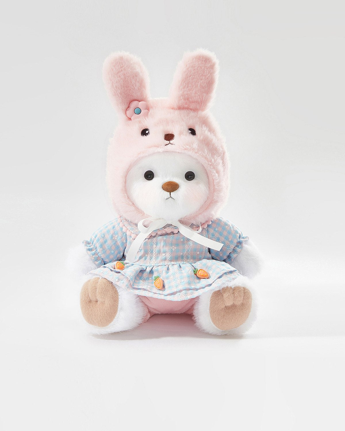 White Long Hair Bear & Lovely Bunny Pink Dress Set - 12 Inches
