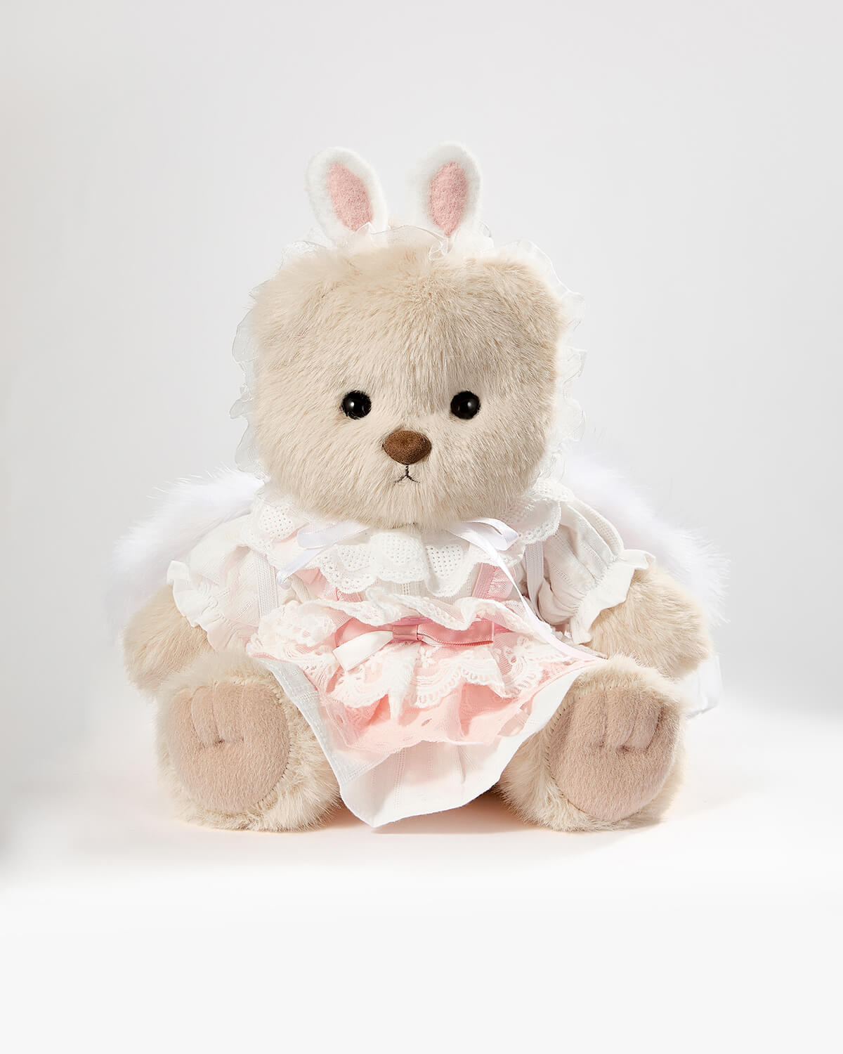 Milk Tea Long Hair Bear & Pink Bunny Dress With Wings - 12 Inches