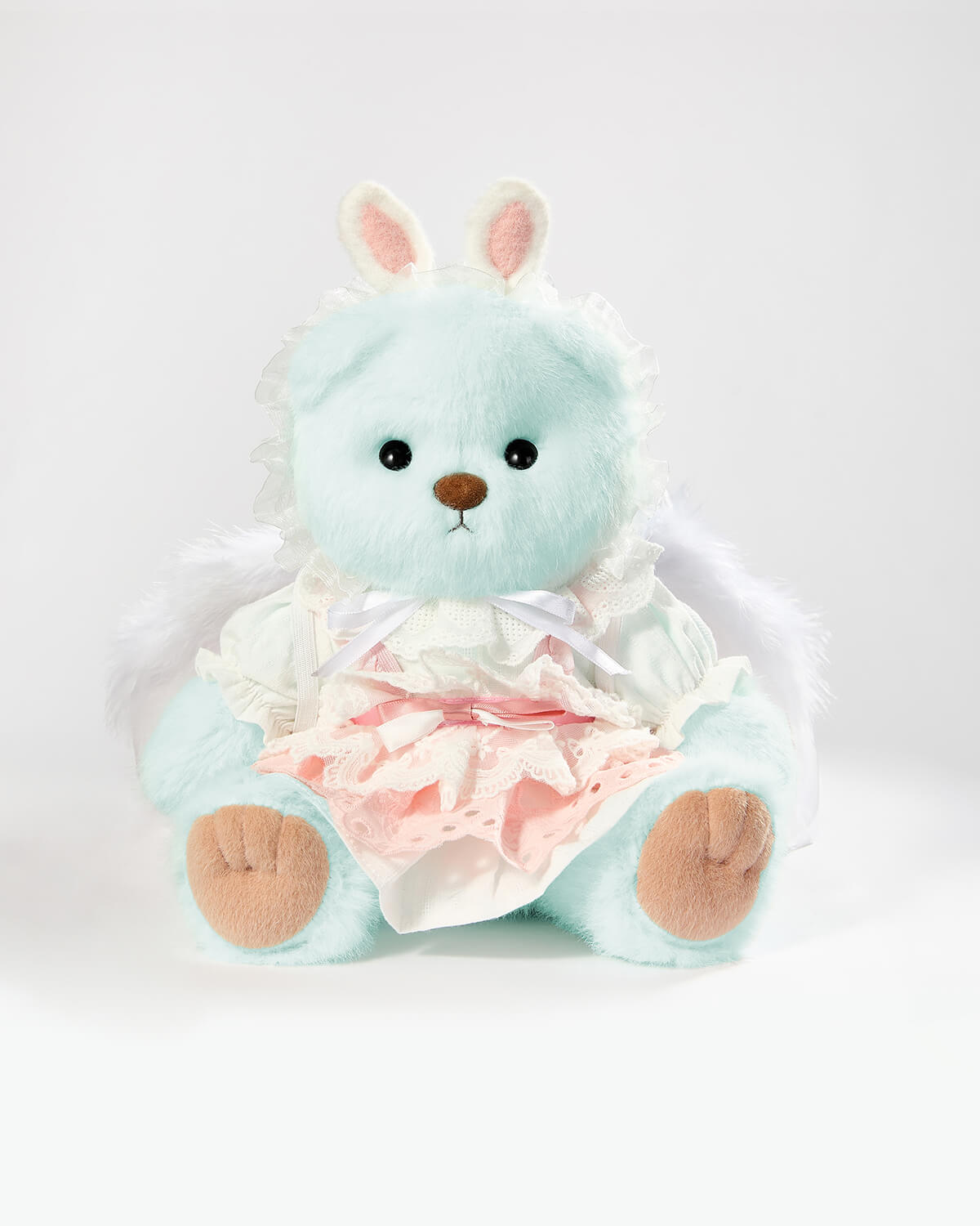 Mint Blue Long Hair Bear & Pink Bunny Dress With Wings - 12 Inches