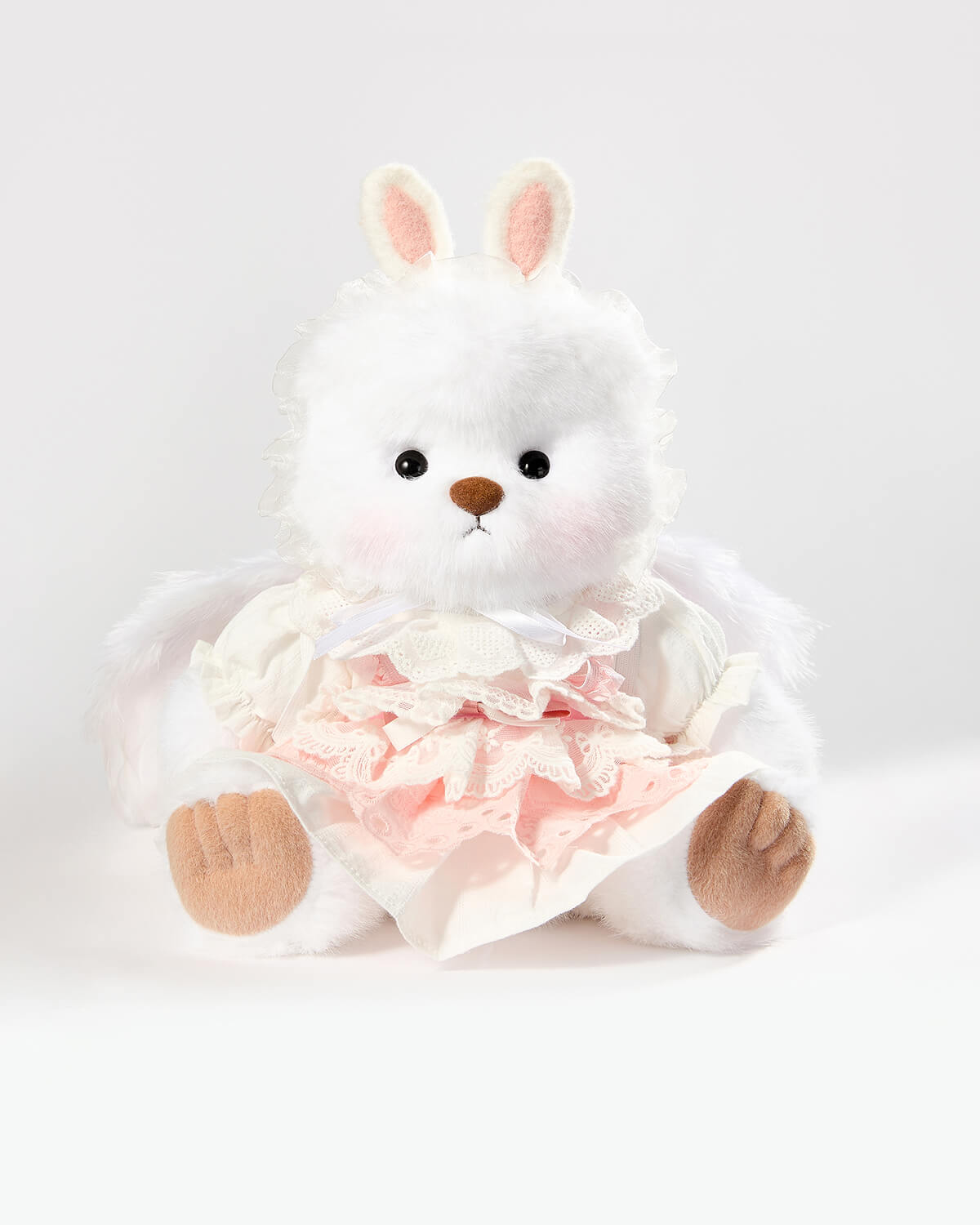 White Long Hair Bear & Pink Bunny Dress With Wings - 12 Inches