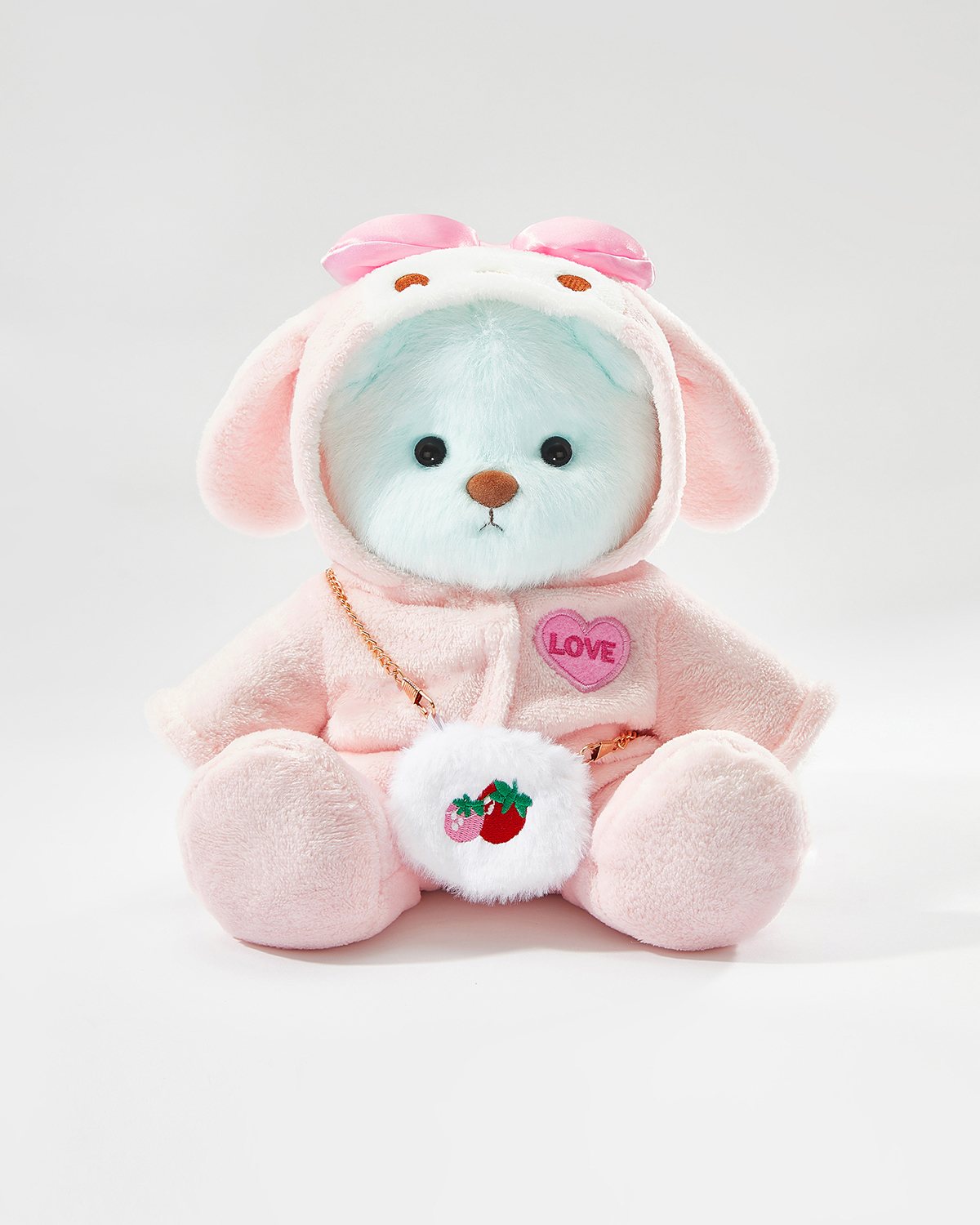 Mint Blue Long Hair Bear & Charming Pink Bunny Set - 12 Inches