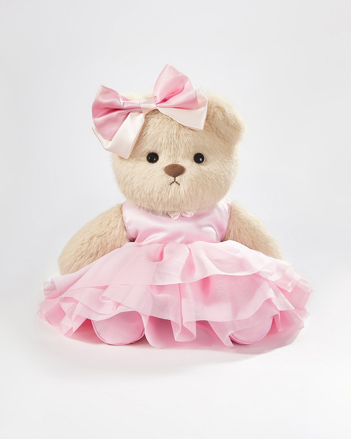 Milk Tea Long Hair Bear & Cute Pink Dress Set of 4 - 12 Inches
