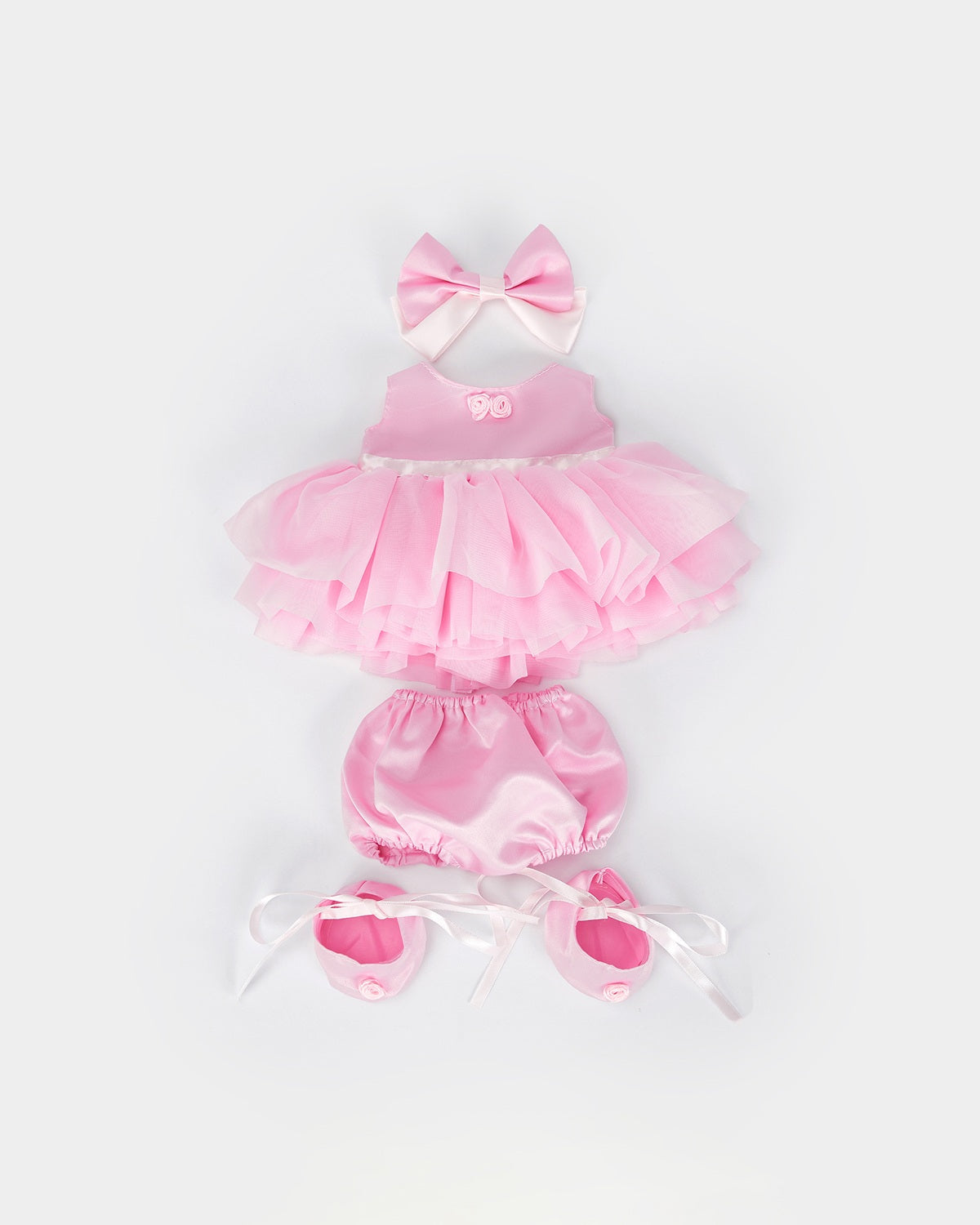 Milk Tea Long Hair Bear & Cute Pink Dress Set of 4 - 12 Inches