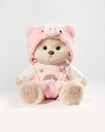 Milk Tea Long Hair Bear & Pink Piggy Suspenders Set - 12 Inches