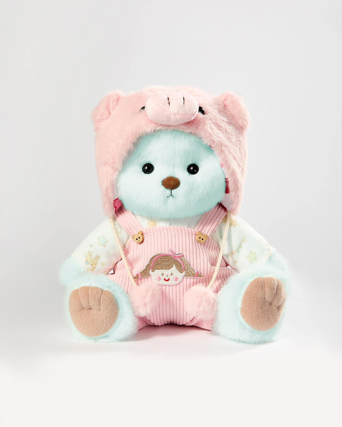 Mint Blue Long Hair Bear & Pink Piggy Suspenders Set - 12 Inches