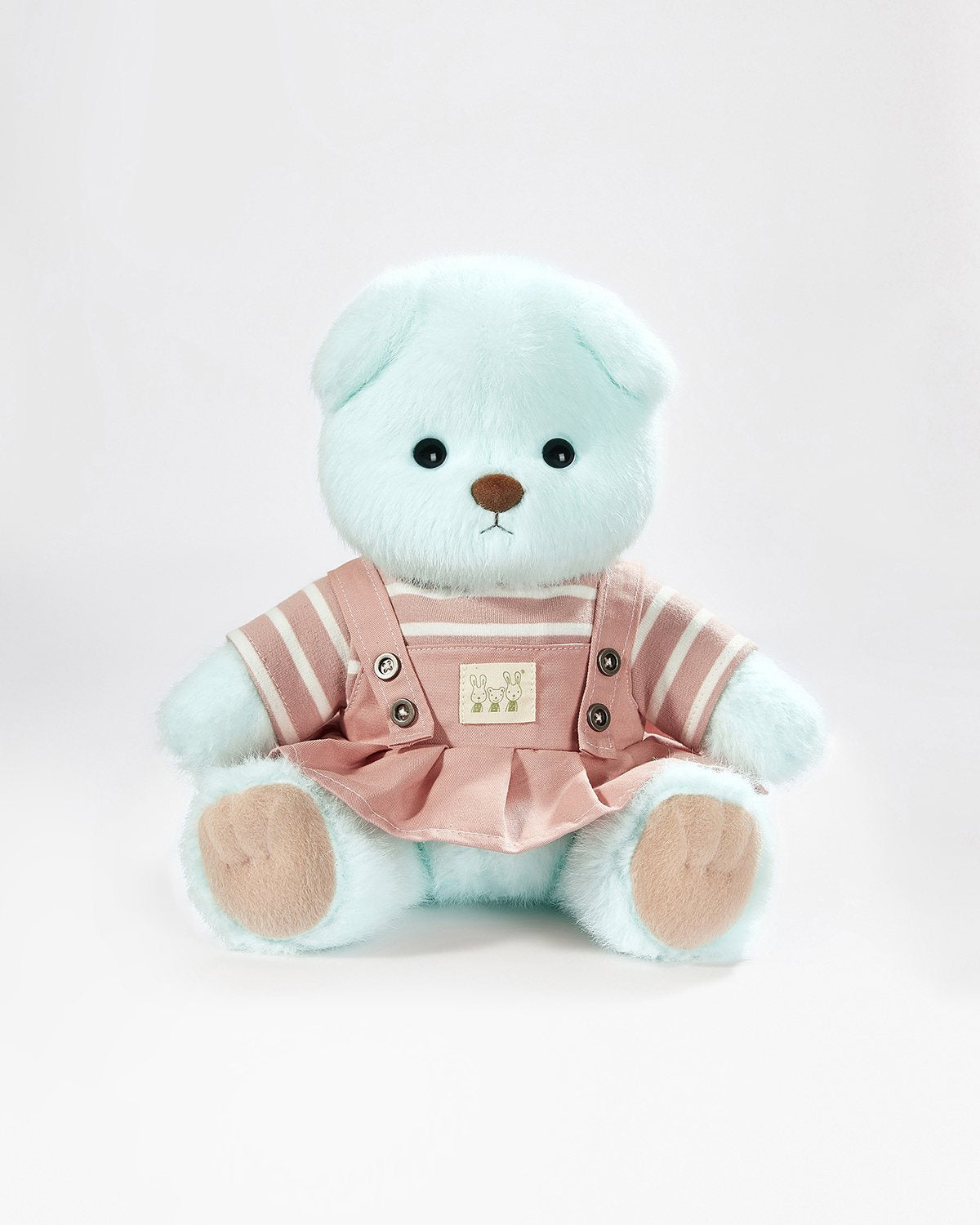 Mint Blue Long Hair Bear & Pink Striped Back Dress - 12 Inches