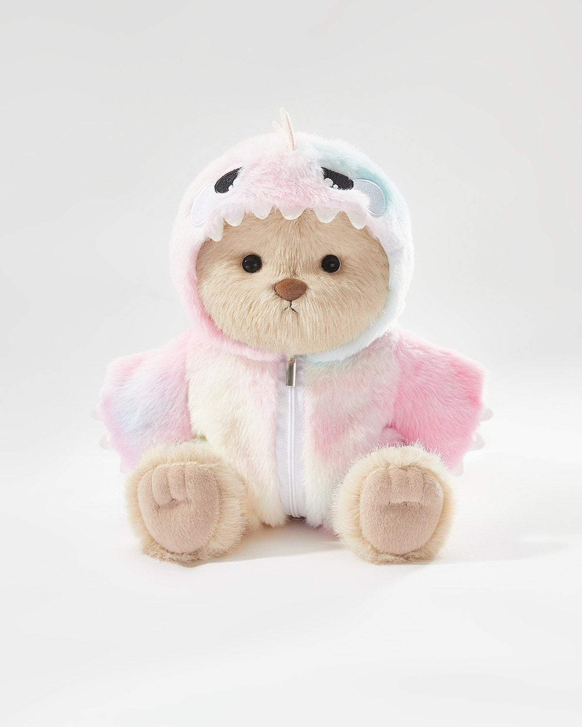Milk Tea Long Hair Bear & Rainbow Pink Dinosaur Jumpsuit - 12 Inches