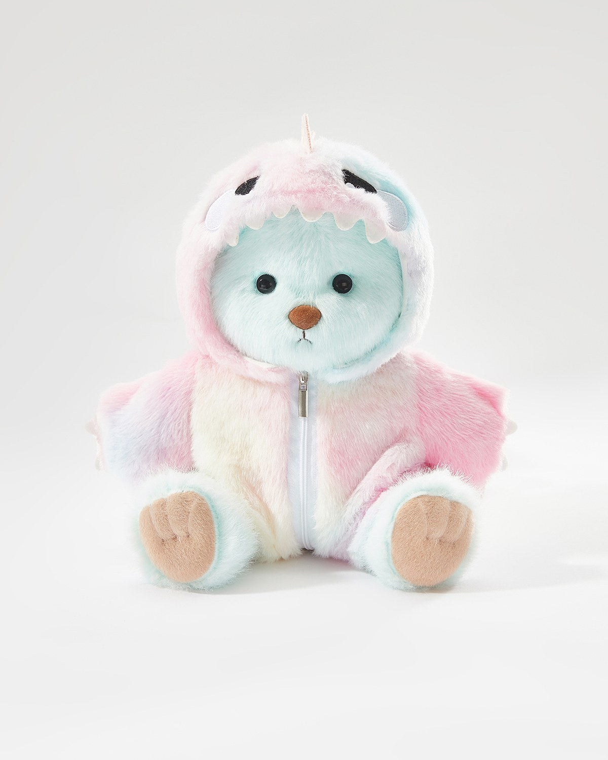 Mint Blue Long Hair Bear & Rainbow Pink Dinosaur Jumpsuit - 12 Inches