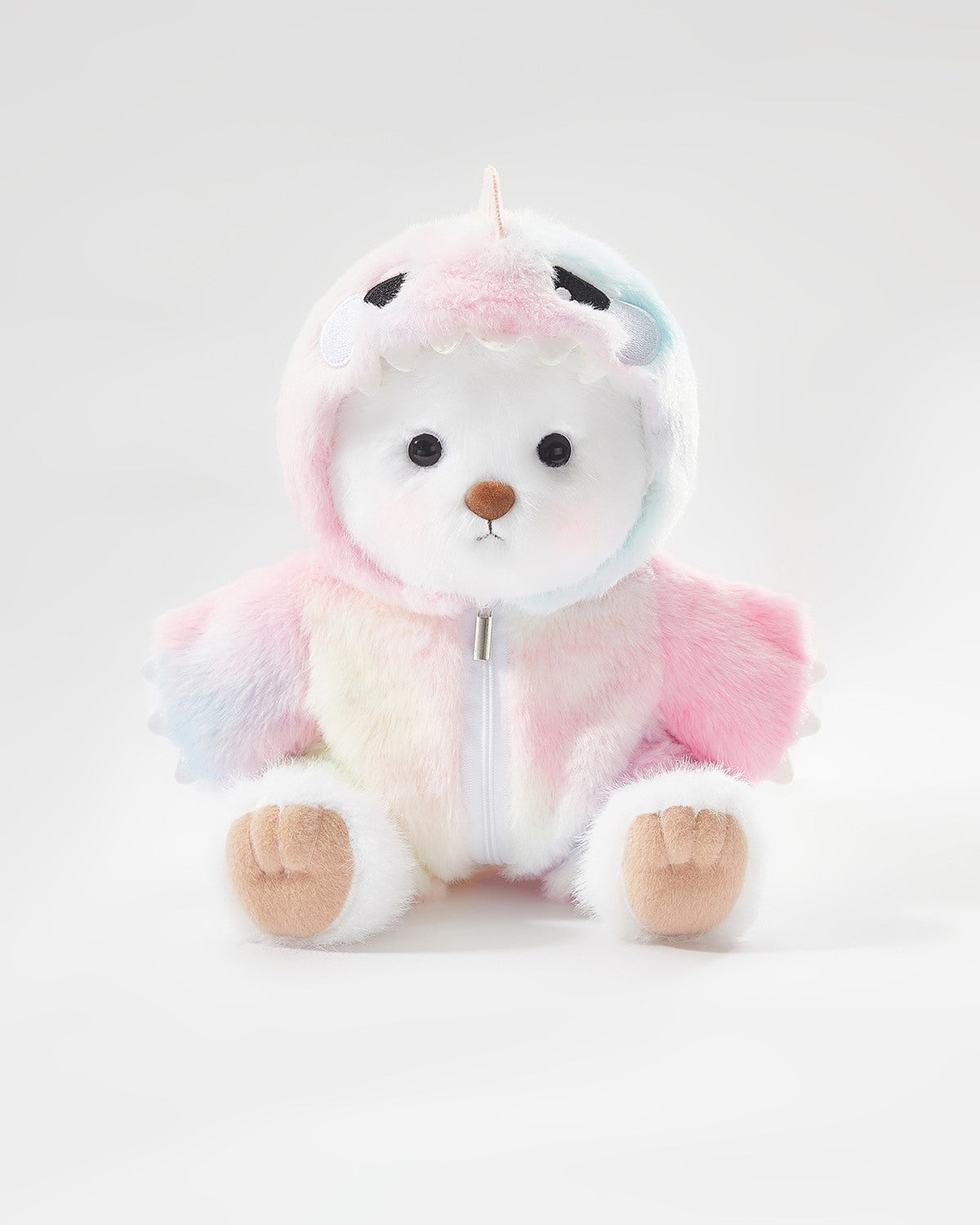 White Long Hair Bear & Rainbow Pink Dinosaur Jumpsuit - 12 Inches