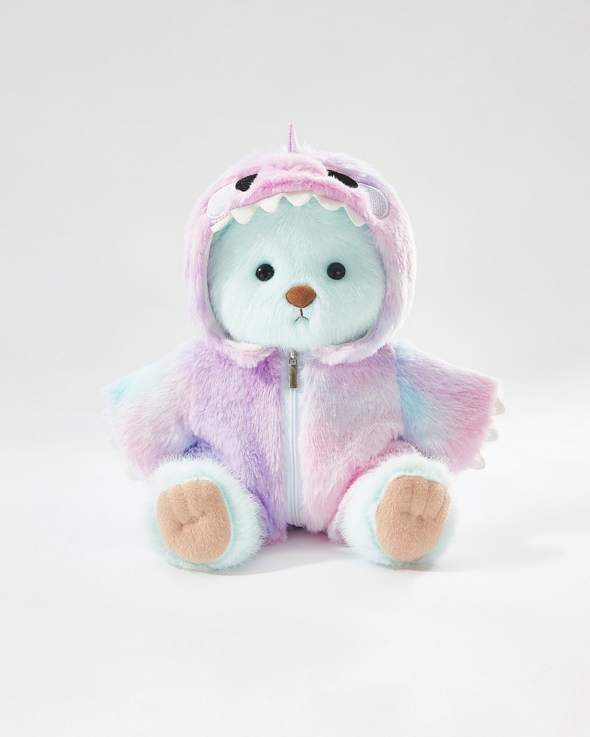 Mint Blue Long Hair Bear & Rainbow Purple Dinosaur Jumpsuit - 12 Inches