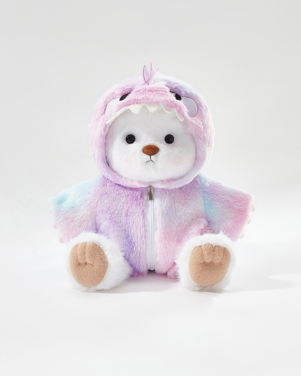 White Long Hair Bear & Rainbow Purple Dinosaur Jumpsuit - 12 Inches