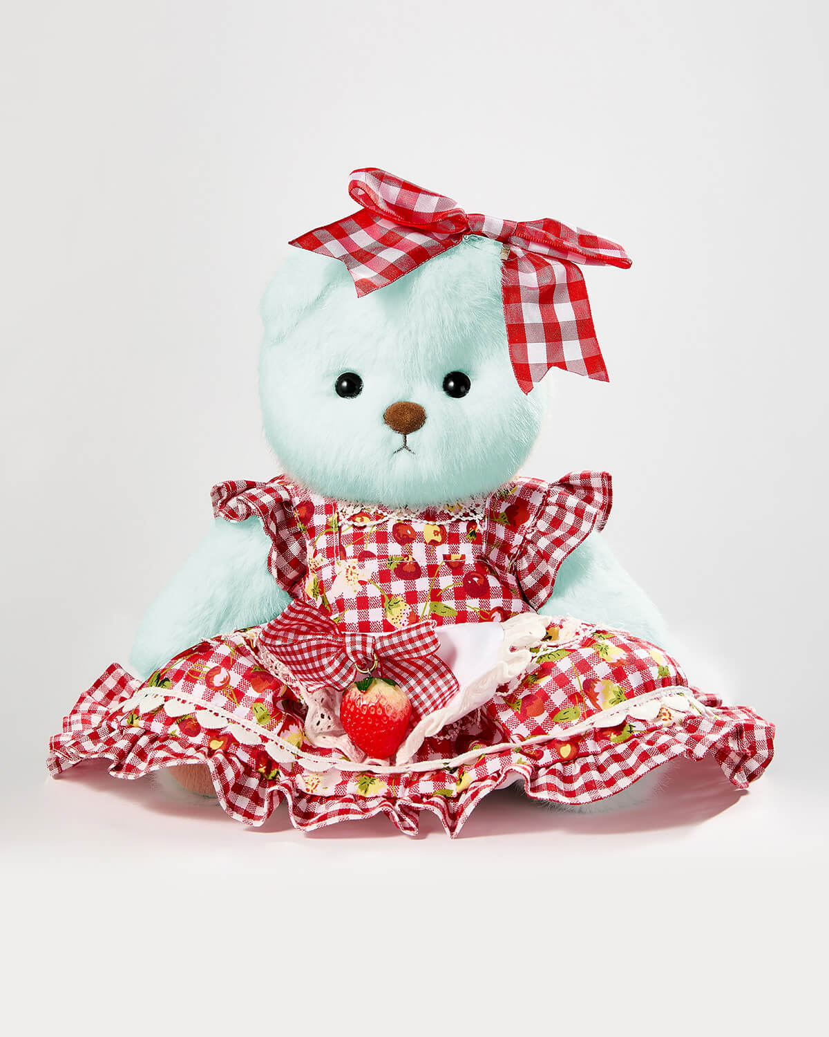 Mint Blue Long Hair Bear & Red Strawberry Plaid Dress - 12 Inches