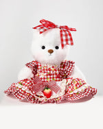 White Long Hair Bear & Red Strawberry Plaid Dress - 12 Inches