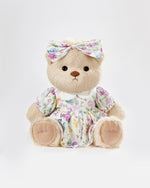 Milk Tea Long Hair Bear & Adorable Small Floral Dress - 12 Inches