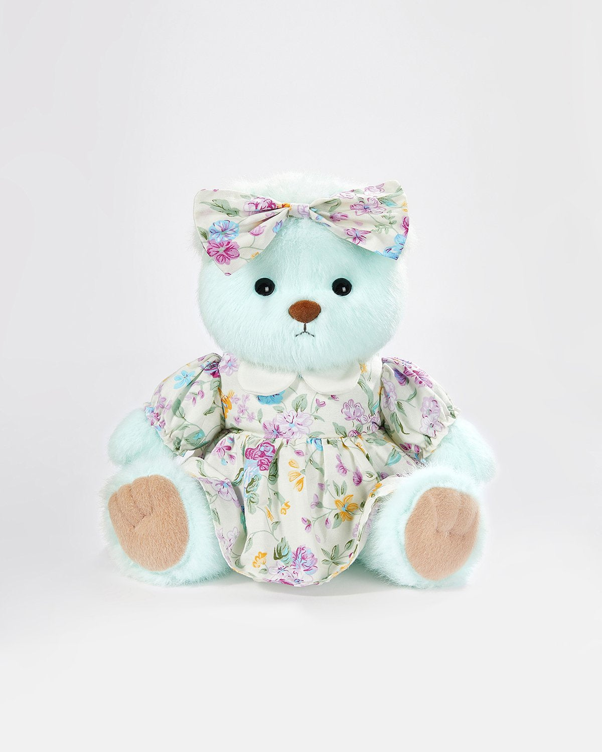 Mint Blue Long Hair Bear & Adorable Small Floral Dress - 12 Inches