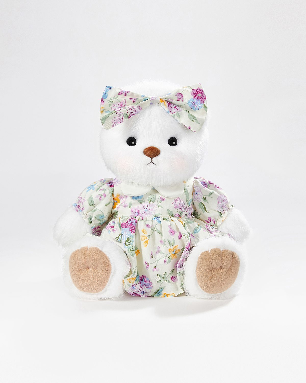 White Long Hair Bear & Adorable Small Floral Dress - 12 Inches