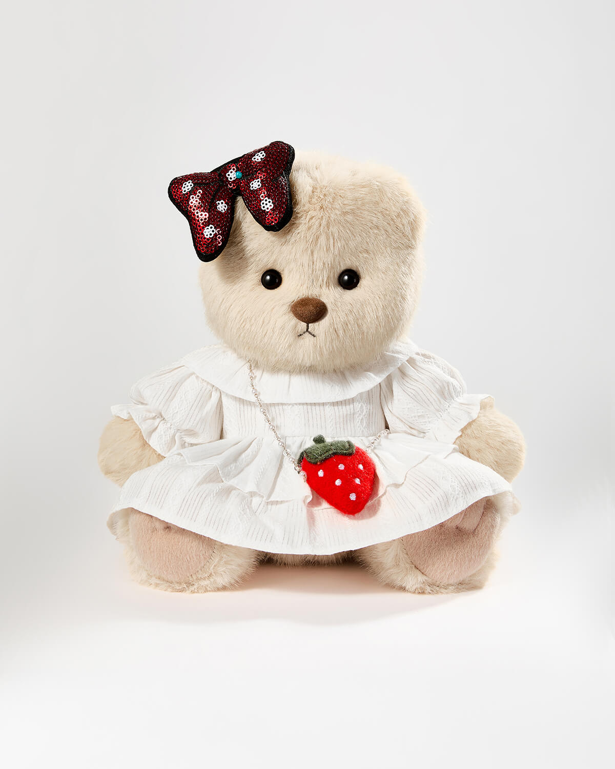 Milk Tea Long Hair Bear & Strawberry Shoulder Bag White Dress - 12 Inches