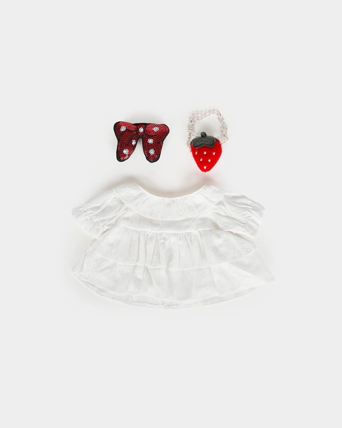 White Short Hair Bear & Strawberry Shoulder Bag White Dress - 12 Inches
