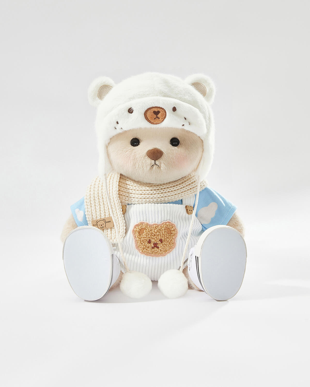 Milk Tea Short Hair Bear & Casual White Bear Hat Overalls Set of 5 - 12 Inches