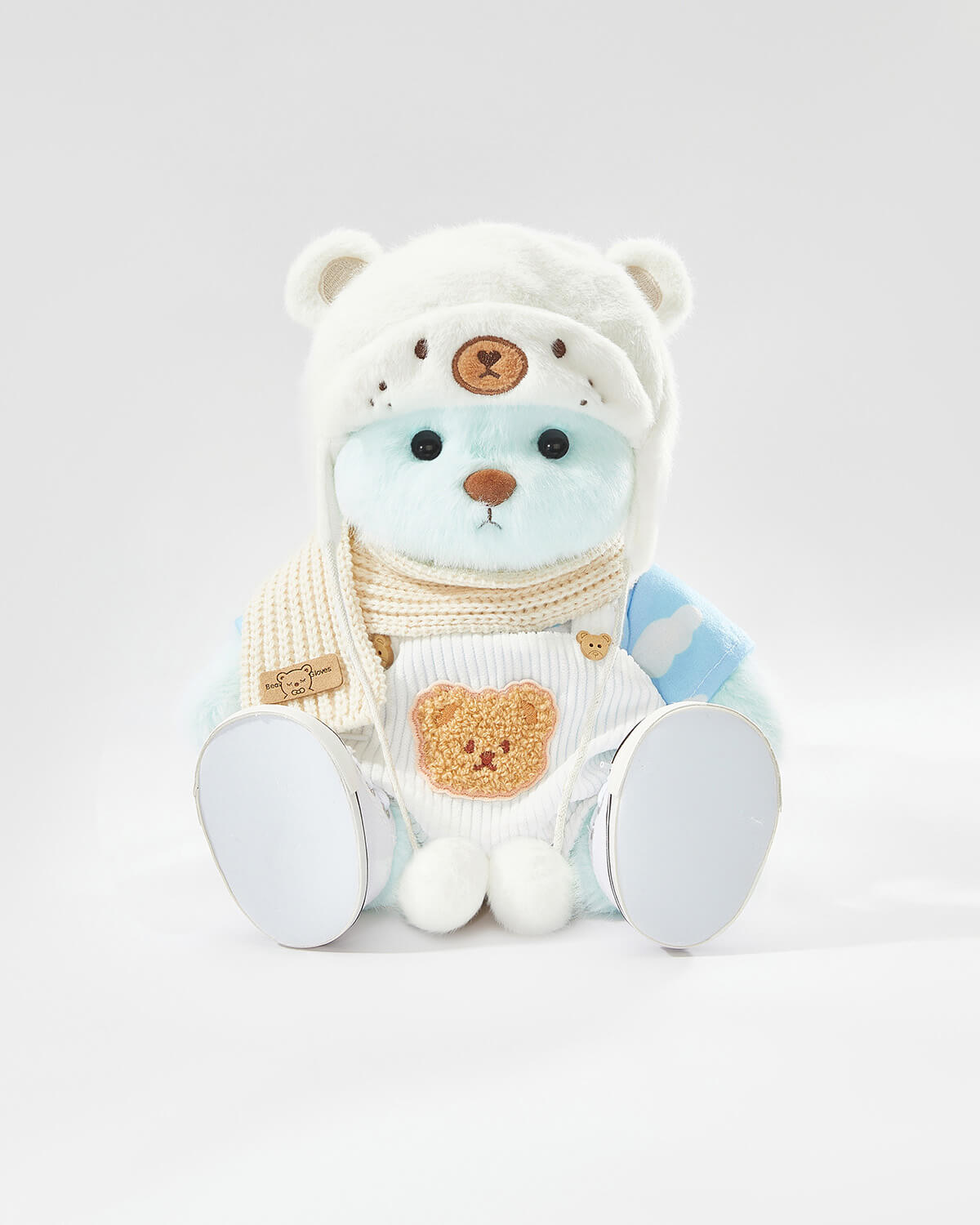Mint Blue Long Hair Bear & Casual White Bear Hat Overalls Set of 5 - 12 Inches